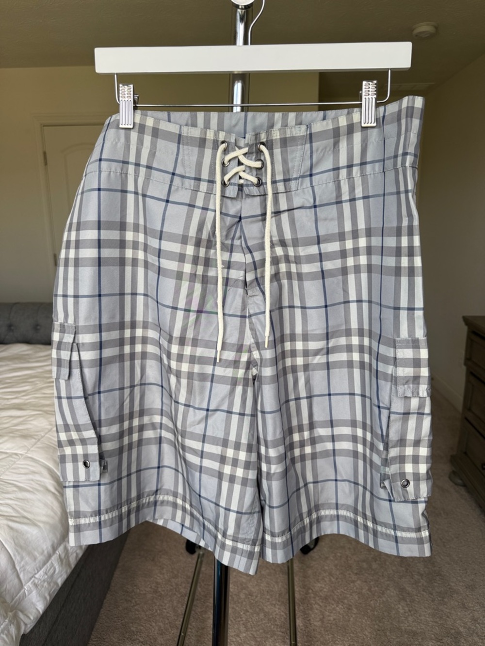 Burberry Light Gray and Navy Plaid Board shorts